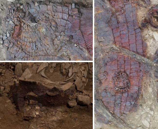 출토된 말 갑옷과 유물 모습 